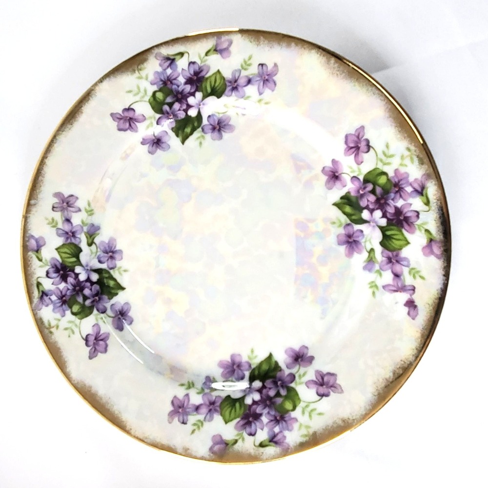 Ucagco Japan February Violet Flower Lusterware Plate 7.5" Porcelain Gold Rim